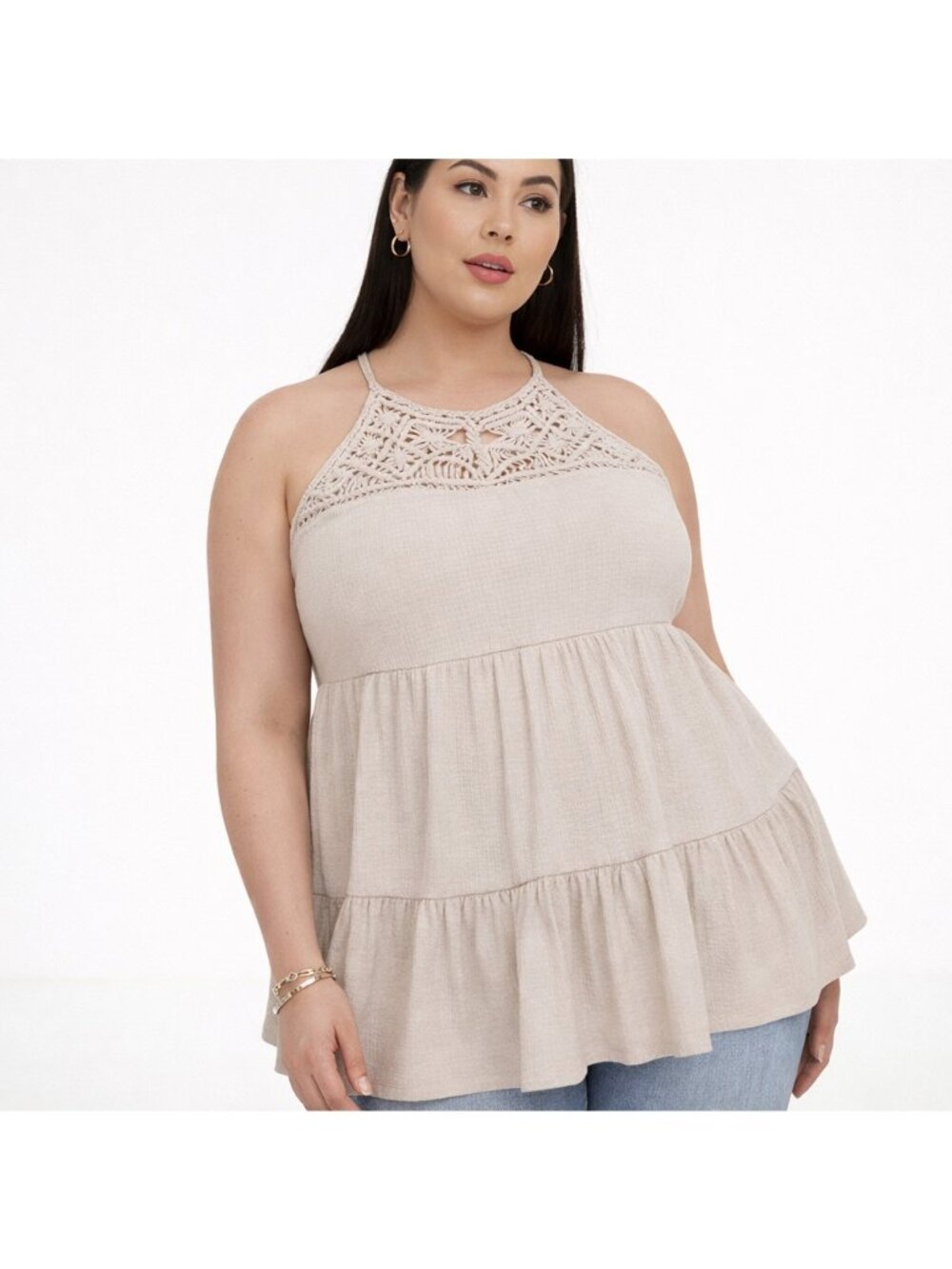 Torrid Womens Taupe Crochet High Neck Tiered Tank Top Textured Jersey Plus 2X